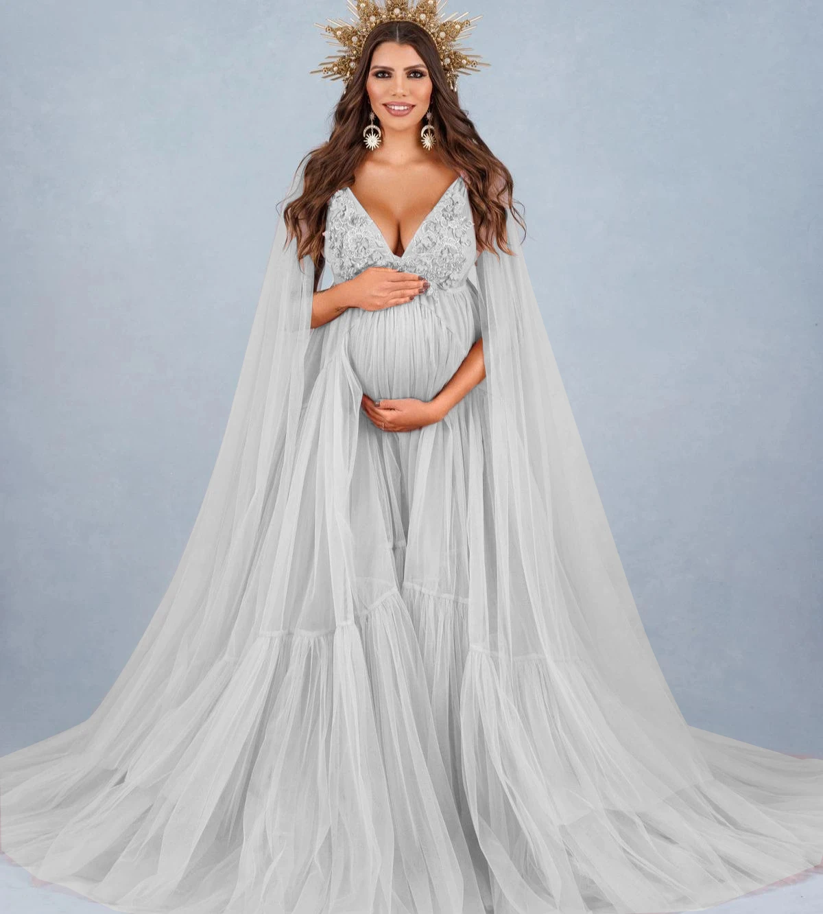 

New Maternity Gown for Photoshoot or Babyshower Tulle Pearls Lace Maternity Gown with Cape Bathrobe Nightwear