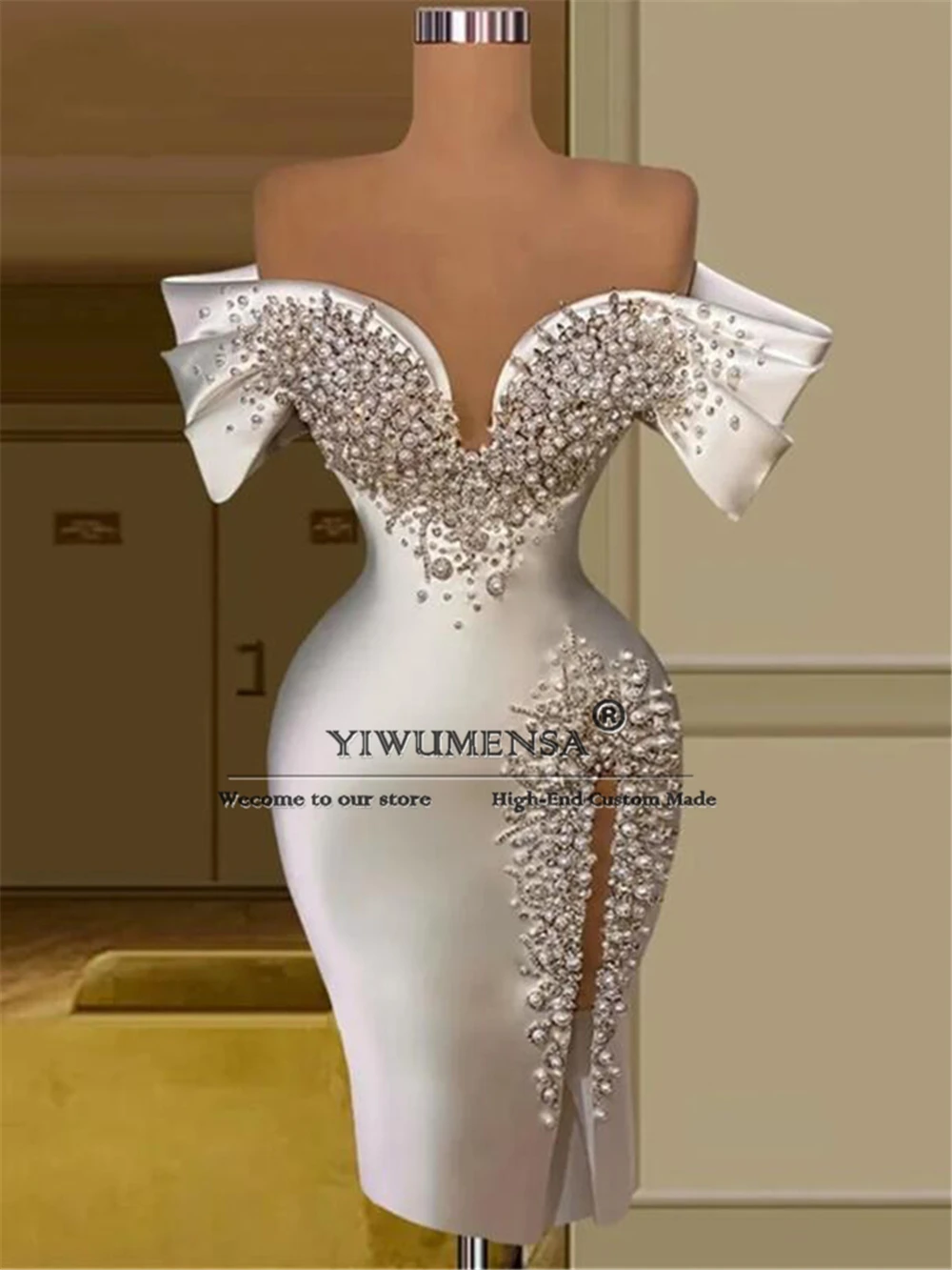 Maßgeschneiderte Ballkleider mit Perlen und Perlen, schulterfrei, Seitenschlitz, Damenkleider für besondere Anlässe, Abendpartykleid