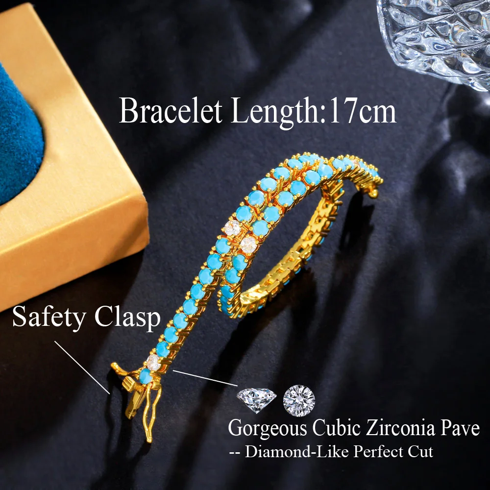 CWWZircons New Fashion 3mm Round Blue Turquoises Stone Classic Tennis Chain Bracelets for Women Girl Gold Plated Jewelry CB337