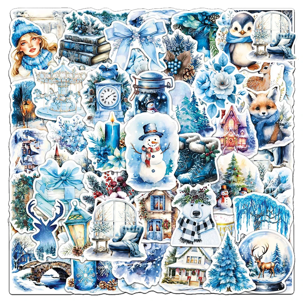 

10/30/50pcs Vintage Blue Winter Aesthetic Stickers Cute Cartoon Christmas Sticker DIY Luggage Phone Notebook Graffiti Decals Toy