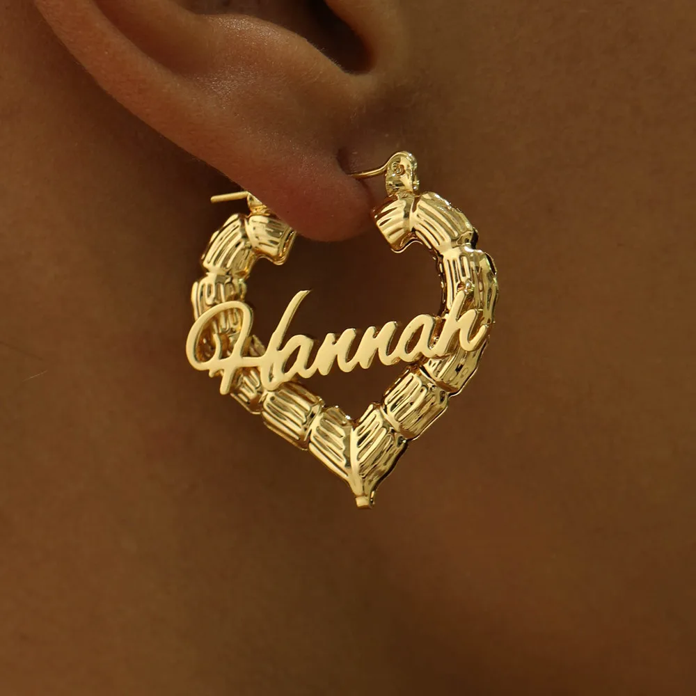 

Серьги-кольца из бамбука в форме сердца, позолоченные 18 карат, серьги с индивидуальным именем для женщин, персонализированные ювелирные изделия, обручи с именной табличкой, Aretes Para Mujer