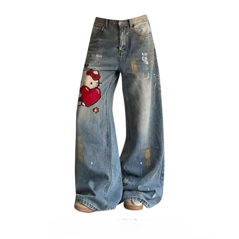 

American Street Washed Cartoon Design Denim Jeans for Women Loose and Wide Legs Hanging Pants Trendy Female Clothing