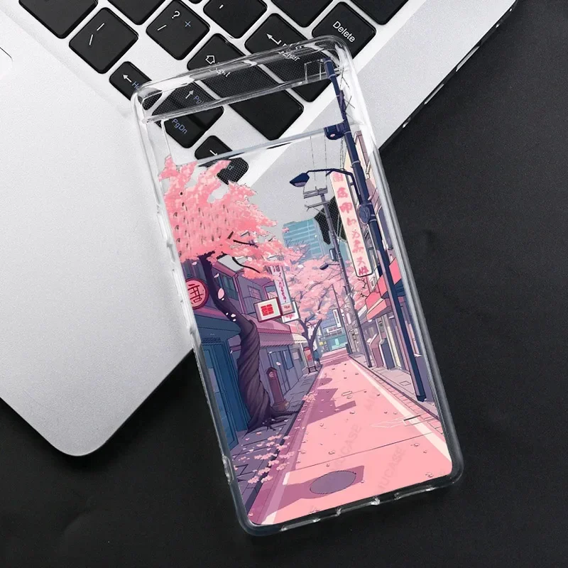 Japan Anime Street View Landscape Phone Case For Google Pixel 8A 8 7 Pro 6A 9 Pro  Scenery Pattern Transparent Soft Back Covers