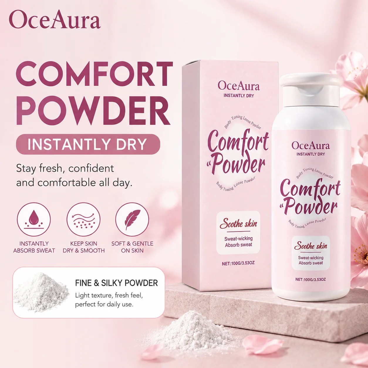 OCEAURA Comfort Powder Talc‑Free Anti Chafe Body Powder Absorb Sweat Control Excess Oil Reduce Friction Discomfort for Thin Skin