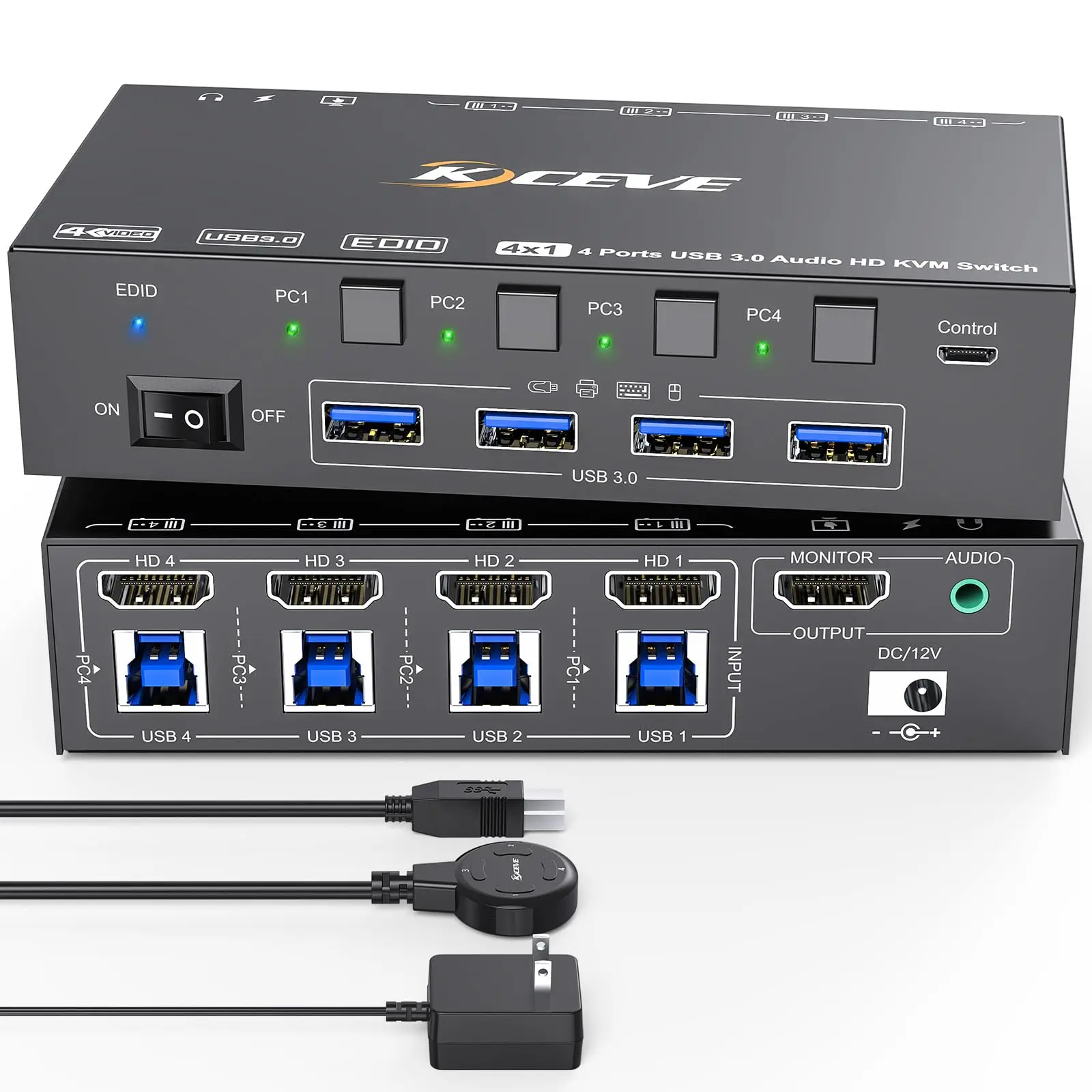 KVM Switch 4 Computers 8K@60Hz 4K@144Hz,Simulation EDID,KCEVE USB3.0 KVM Switch for 4 PC Share 1 Monitor Keyboard Mouse Headset