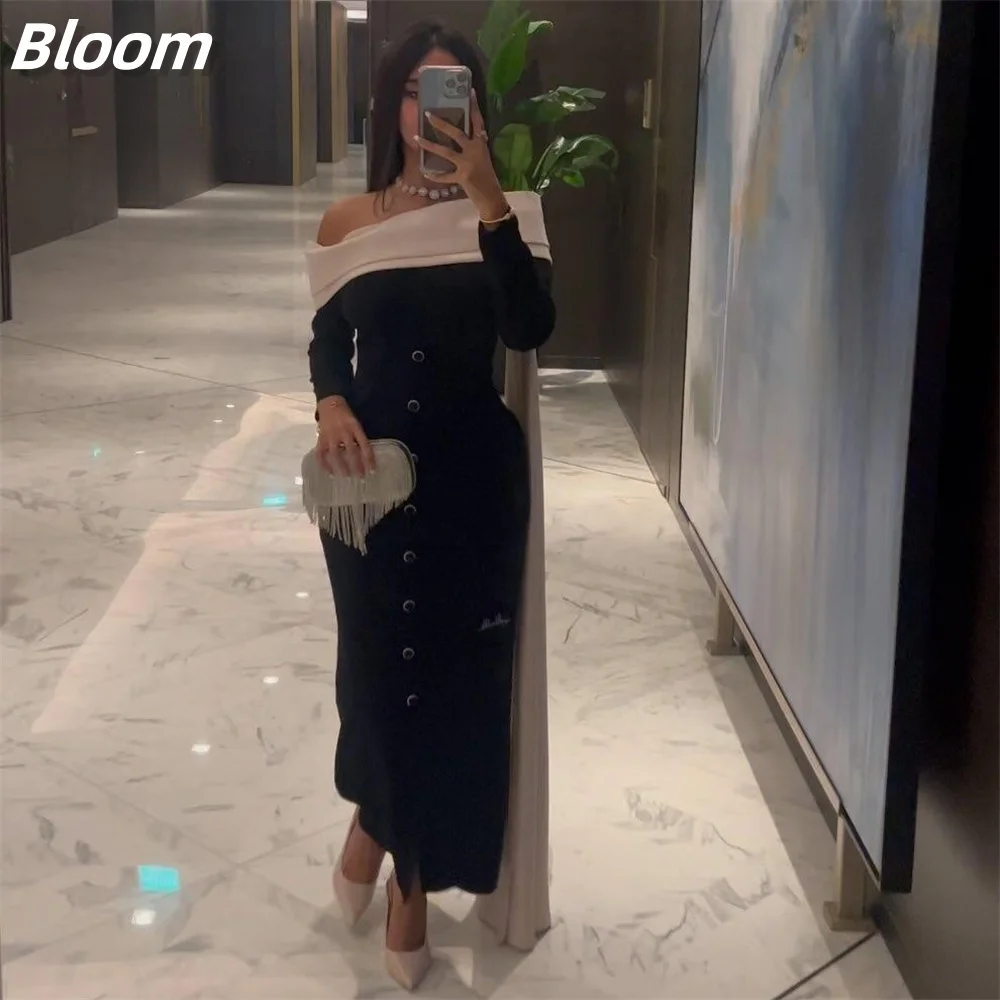 Bloom Off Shoulder Ruffles Formal Evening Dresses Long Sleeves Black A-line Elegant Formal Wedding Party Dresses For Prom