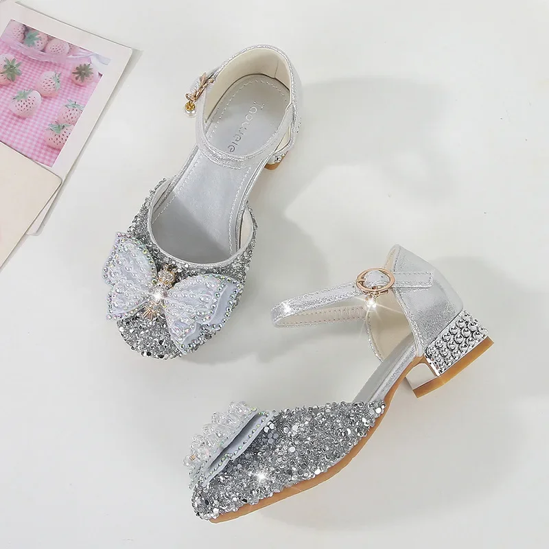 Zapatos de princesa con lentejuelas para niños, sandalias de cuero para niños, zapatos elegantes con diamantes de imitación, mariposa, vestido informal para niñas, zapatos individuales