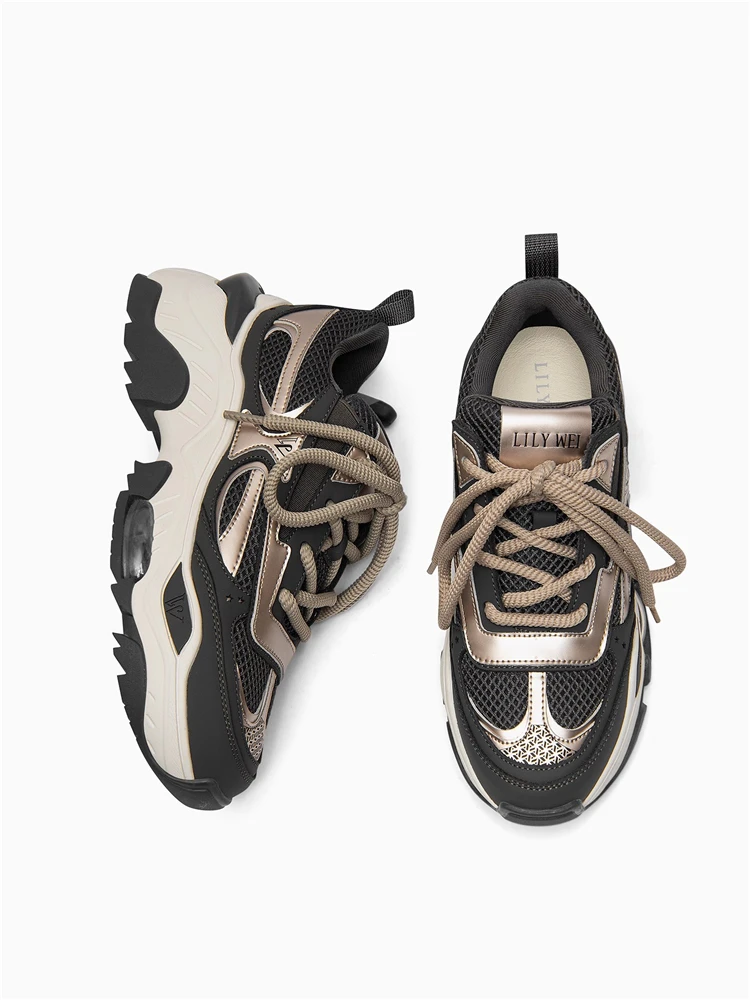 Spring leather lace-up thick-sole high-heeled mesh casual couple dad shoes daily street large size small size flat women's shoes