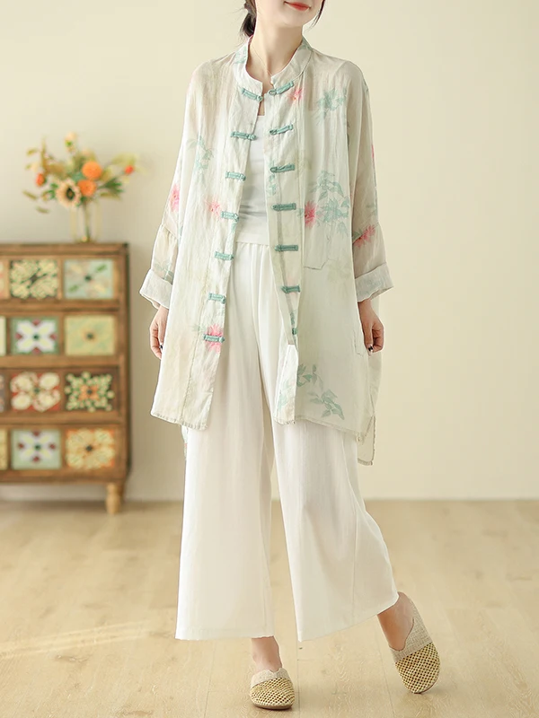 Retro, ręcznie robiony, drukowany, luźny damski kardigan z stójką, o średniej długości, zapinany na guziki, chroniący przed słońcem, modny na wiosnę i lato.