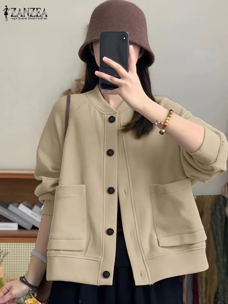 ZANZEA Women Fashion Baseball Jackets Loose Casual Button Up Patch Pockets Solid Color Coats FW 2025 Warm Woman Outerwear S-3XL