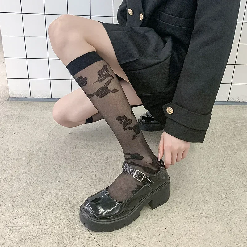 

Women Stockings Summer Ultra-thin Transparent Nylon Long Socks Stockings Women Floral Print JK Lolita Girls Knee Socks Stockings