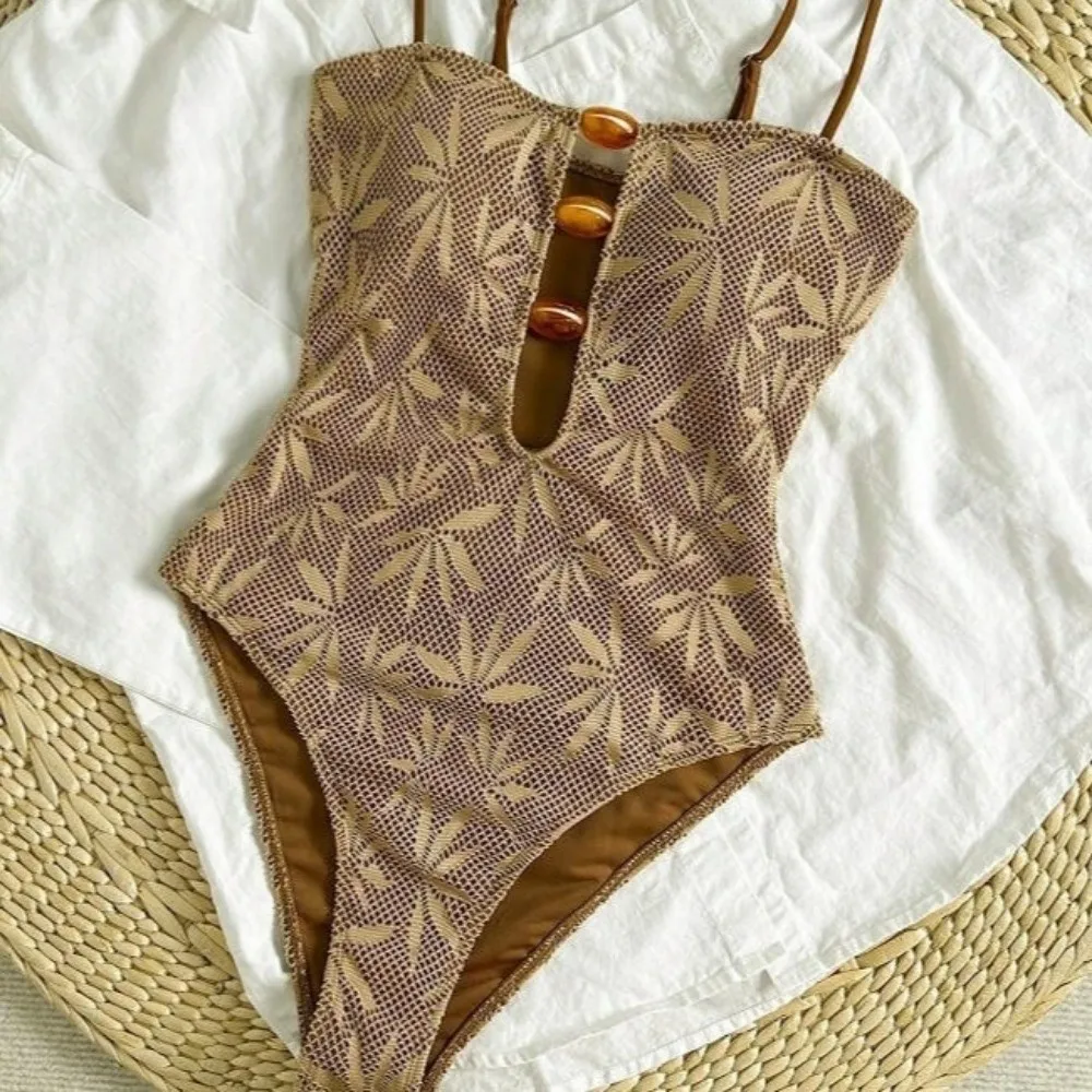 Coffee Leaves Print One Piece Swimsuit Beaded String Hollow Out Bohemian Swimwear Tummy Control Backless Women Bathing Suit