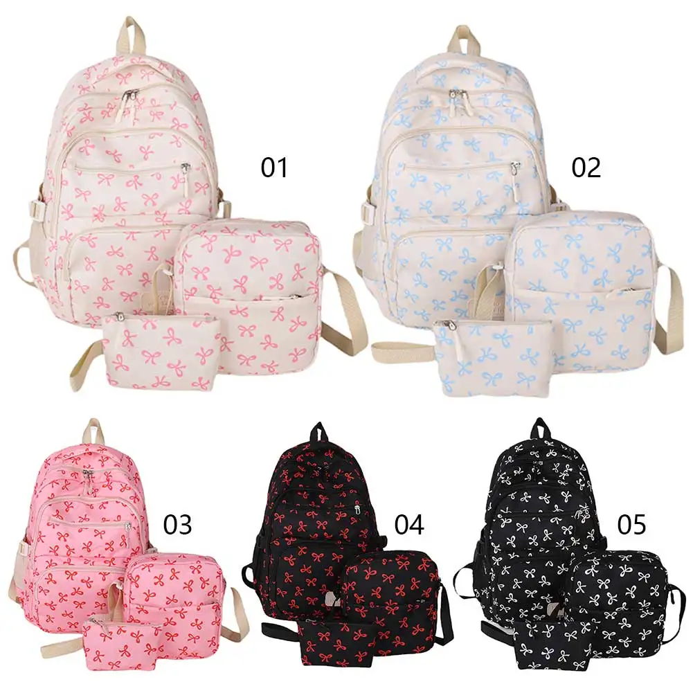 

3Pcs/Set Bow Print Backpack with Crossbody Bag & Small Bag Bow Student Bookbag Cute Laptop Backpack for Elementary Middle Kids