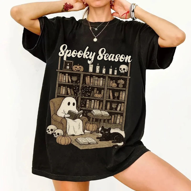 Spooky Ghost Reading Shirt, Halloween Black Cat Tee, Cozy Library Pumpkin Shirt, Fall Aesthetic T-Shirt, Witchy Book Lover GifT