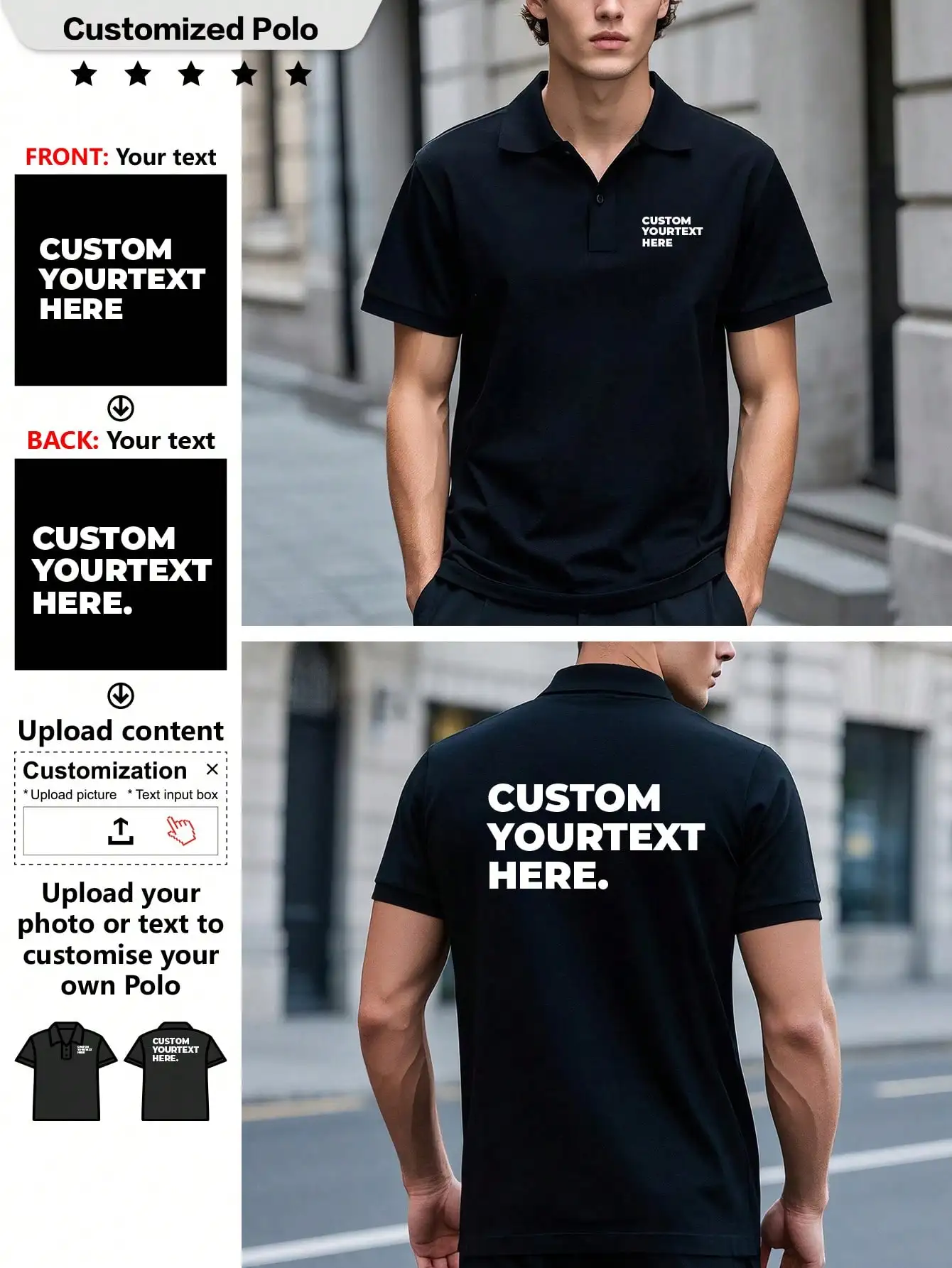 

Мужская рубашка-поло с возможностью индивидуального дизайна - минималистичный стиль, короткий рукав, смесовая хлопковая ткань