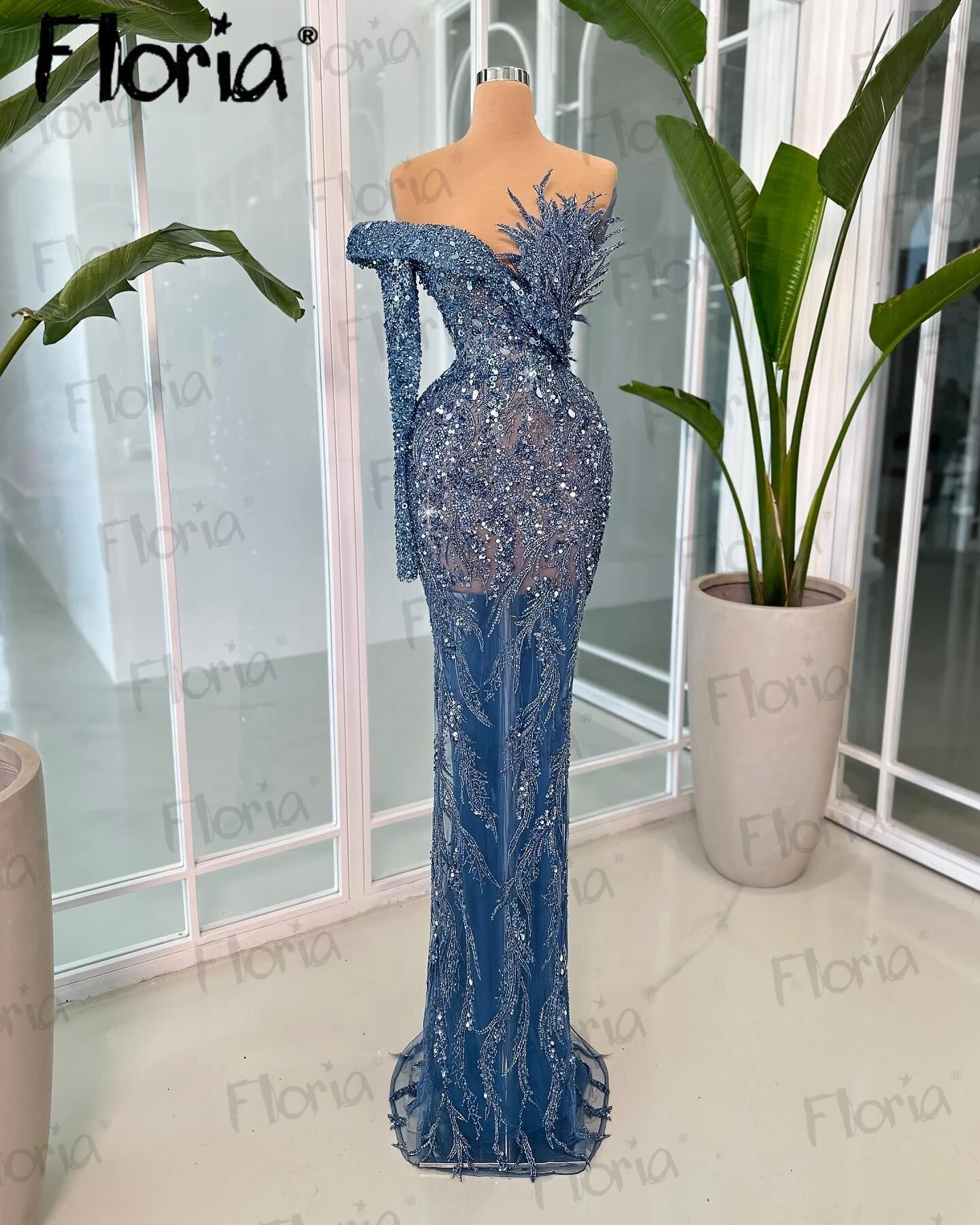 Off Shoulder Illusion Dusty Blue Evening Dresses Sparkly Sequin Prom Dresses Heavy Duabi Vestidos De Fiesta Luxury suknia ślubna