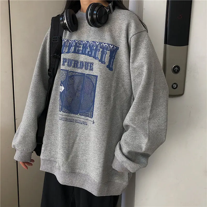 

Autumn Winter Geometric Printing Lantern Long Sleeve Round Neck Women's Clothing Loose Letter Flocking Office Lady Hoodies Tops