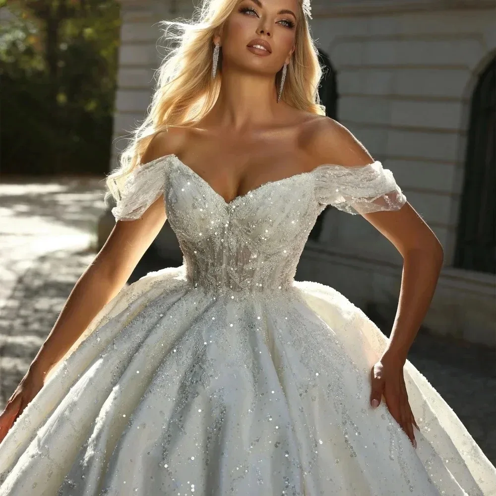 Vestidos de novia personalizados sin mangas con lentejuelas y hombros descubiertos de lujo, Vestidos de novia con tren de barrido, vestido de baile nupcial Vintage