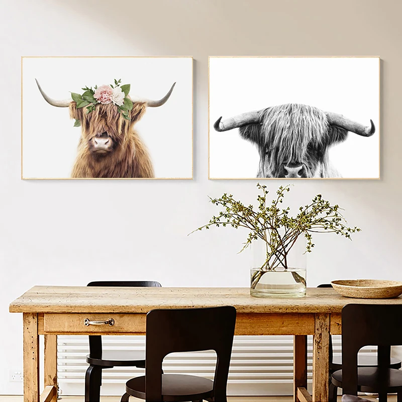 Highland Cow With Flower Crown Art Print Girls Nursery Wall Art Canvas Painting Farm Animal Cow Nordic Poster Living Room Decor