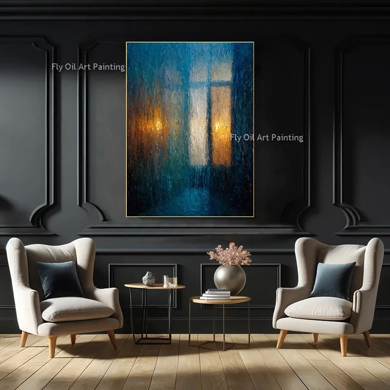 New Design Blue Window And Yellow Moon Canvas Thick Wall Art Decor Handmade Yellow Grey Hands Oil Painting For Room Hall As Gift