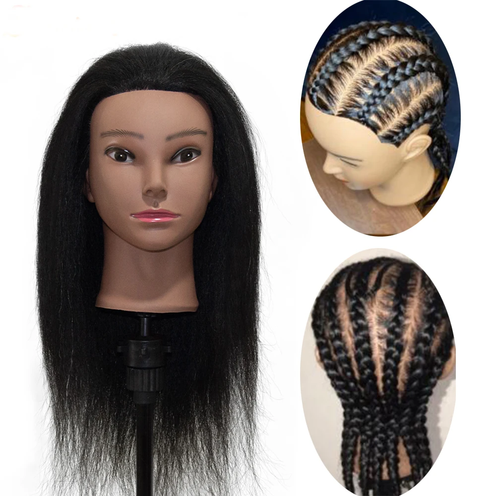 15”100%Real Human Hair Afro Mannequin Head Hairdressing Dolls Training Head for Practice Styling Braiding With Adjustable tripod