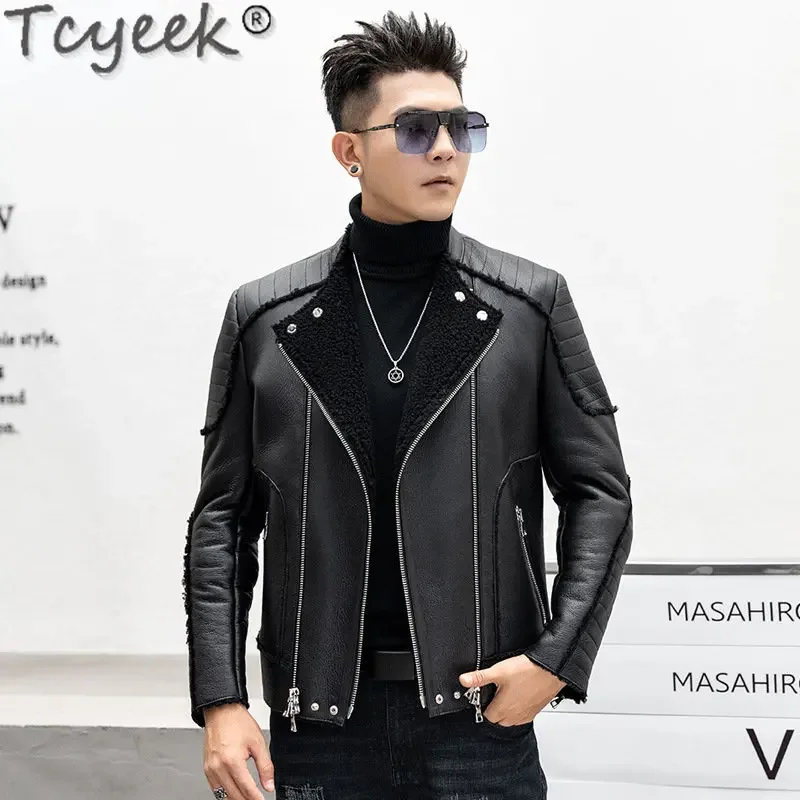 

Tcyeek 2023 Winter Thickened Real Fur Coats Chic Genuine Leather Motorcycle Jacket Men Clothes Men's Natural Sheepskin Fur Coat