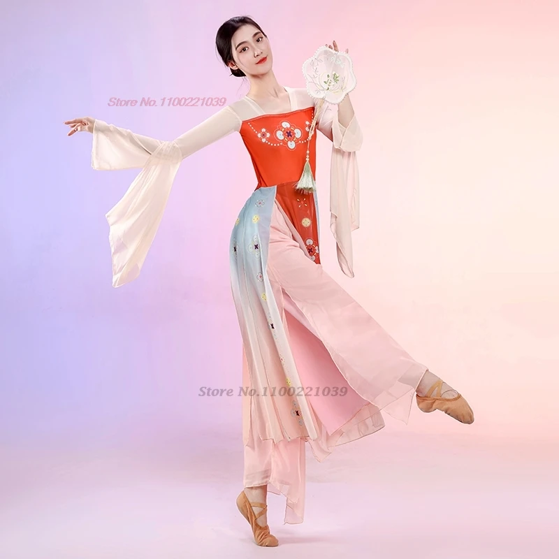 2025년 전통 중국 빈티지 드레스 한푸 레트로 꽃무늬 한푸 상의+하의 세트 전통 무용 공연 의상