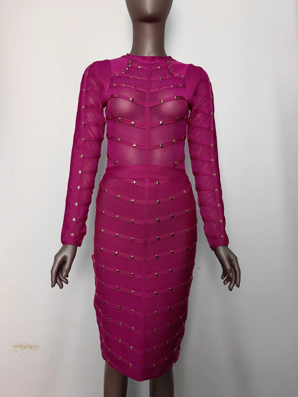 فستان نسائي للحفلات المسائية موضة جديدة مثير شبكة الخرز فوشيا ضمادة فستان بأكمام طويلة فساتين فاخرة عالية الجودة