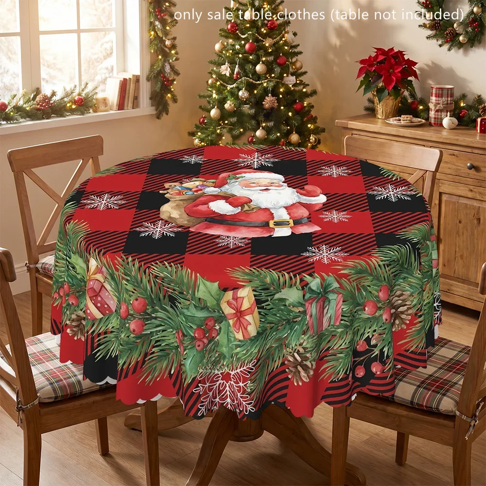 Santa Claus and pine needle garland polyester printed tablecloth, round table cover, suitable for indoor and outdoor use,