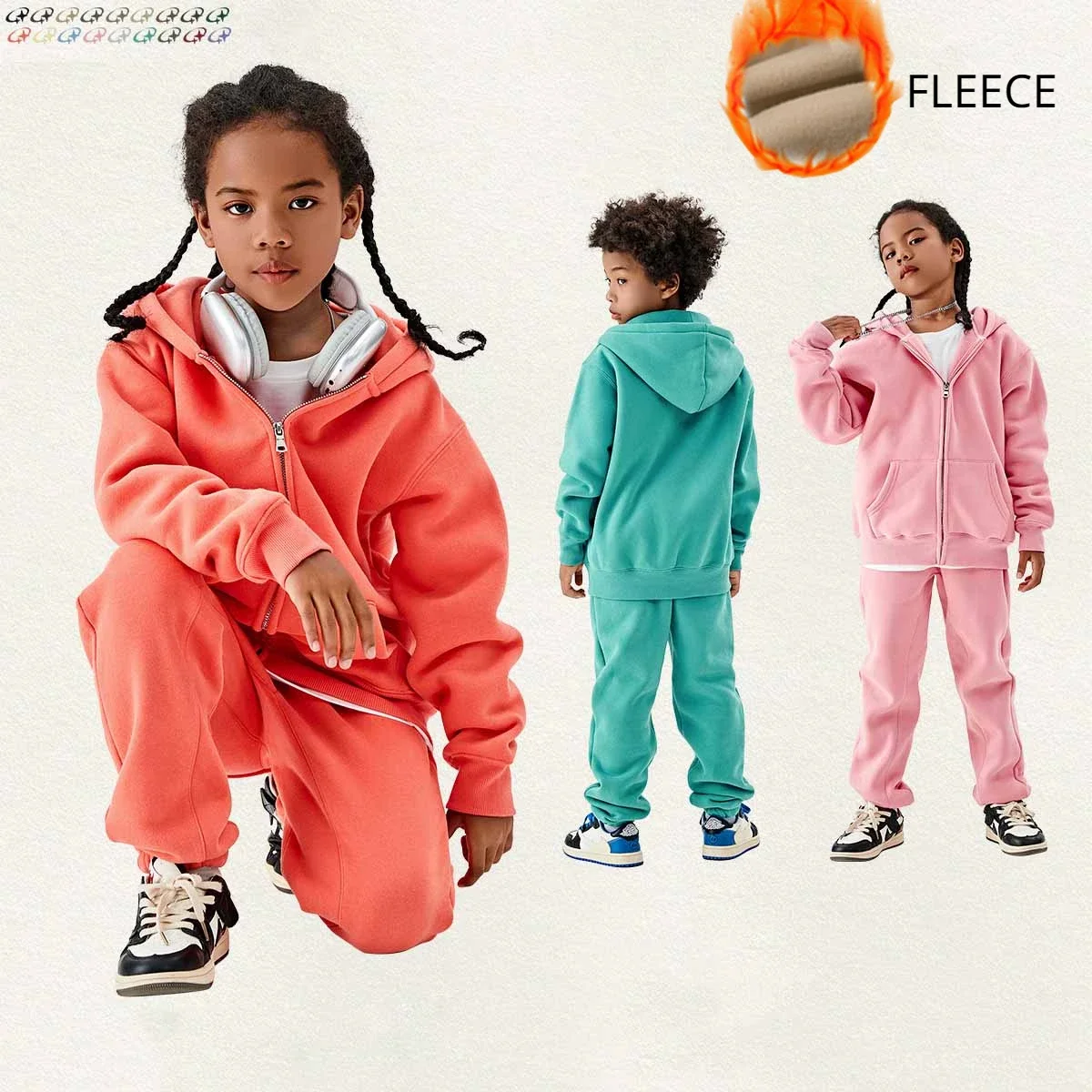 Children Winter Clothing Set 18 Colors Fleece Thick Warm Boys Girls Tracksuit Zipper Hoodies Sweatpants Two Pieces Kids Outfits