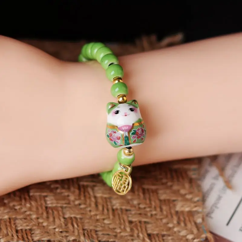 Chinese Style Cute Ceramic Fortune Cat Fu Bracelet Kawaii Fortune Wish Men Women Red String Bracelet Fashion Jewelry