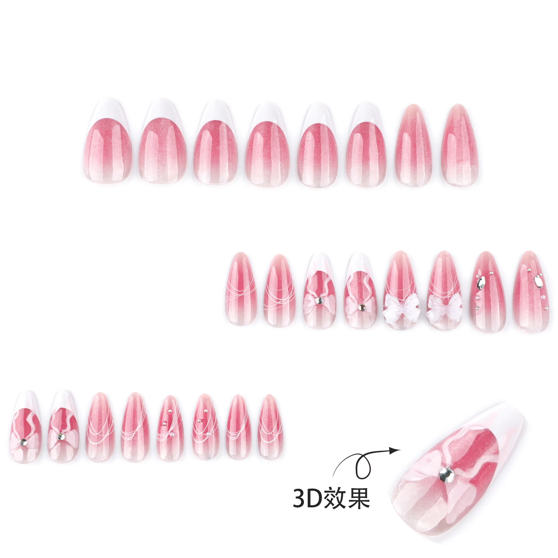 24 قطعة أحمر الخدود الجنية اللوز الصحافة على الأظافر التدرج الوردي عين القط مسحوق لامعة النمط الفرنسي أظافر وهمية الحلو Bowknots الأظافر كاذبة