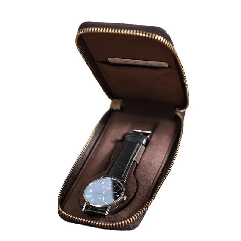 Genuine Leather Vintage Handmade Watch Pouch Travel Portable Leather Organizer with Card Slot Zipper Case
