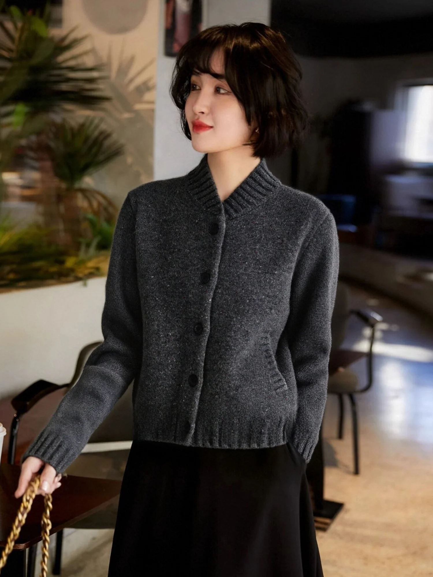 

Красивый вязаный шерстяной кардиган-бомбер свободного кроя для женщин: модный, новый, удобный, теплый, с круглым вырезом, весна-осень