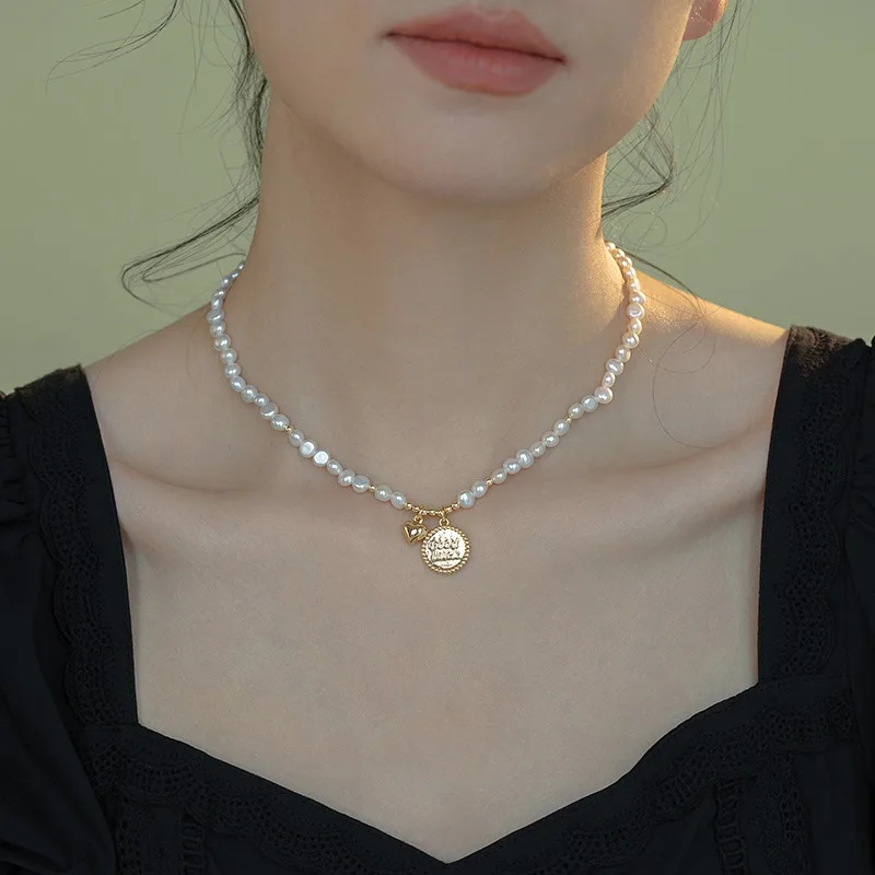 

Minar High Quality Baroque Freshwater Pearl Beads Heart Letter Print Coin Pendant Necklaces for Women Real Gold Copper Chain