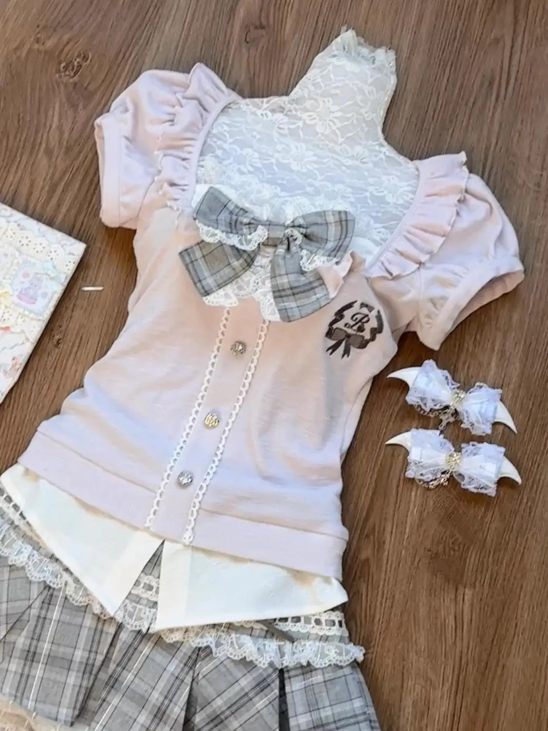 

Summer Sweet Soft Girl Bow Lace Ruffle Edge Fake Two-piece Top + Plaid Patchwork Mini Skirt Two Piece Sets Womens Outifits