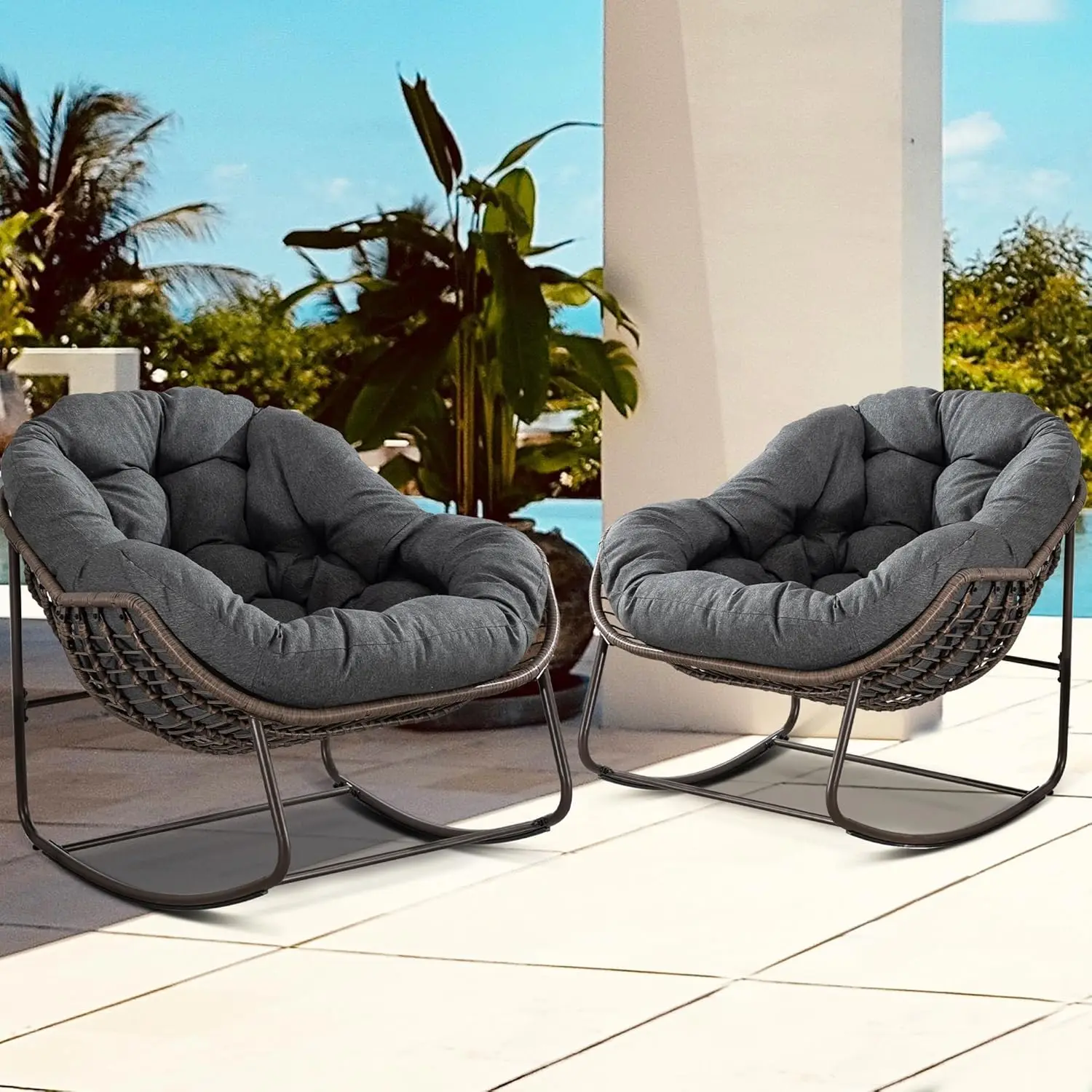 Outdoor Papasan Rocking Chair - Oversized Comfy Patio Chair Set of 2 Indoor Egg Royal Double Rattan Rocking Chair with Cushion f