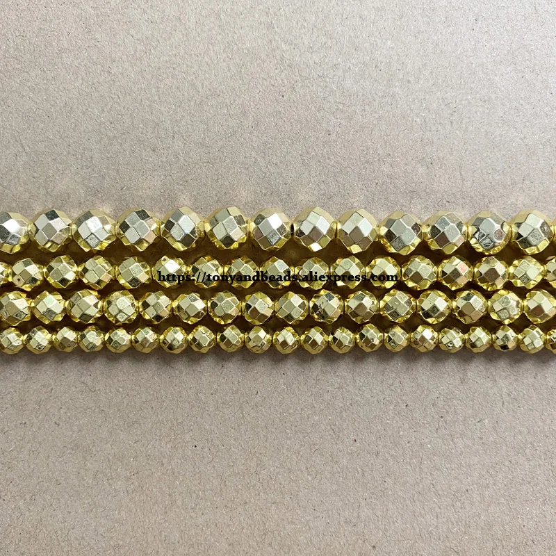 Faceted Shining Gold Color Plated Natural Hematite Stone Round Loose Beads 4 6 8 10 MM 15\