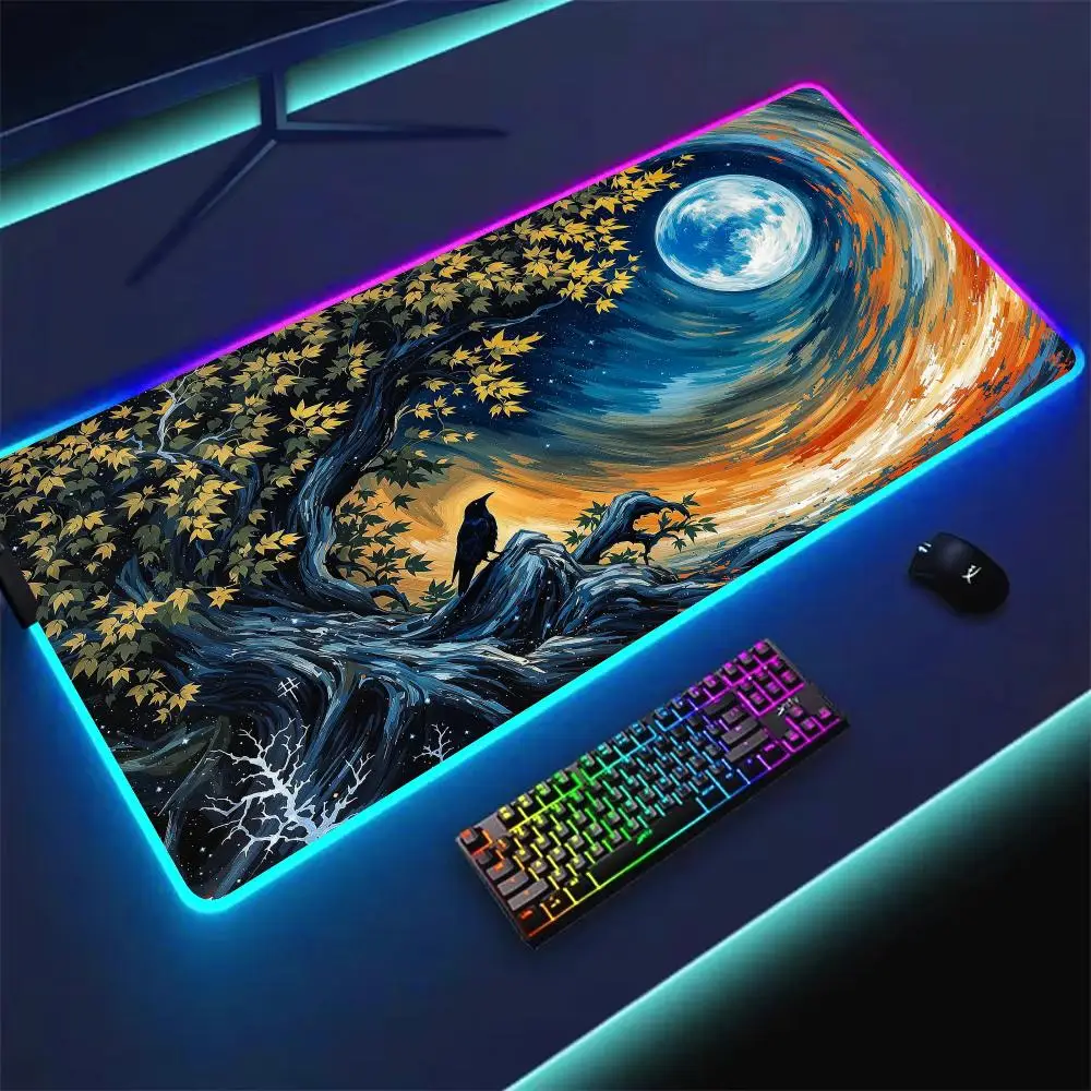 

RGB Mouse pad Van Gogh style star moon theme gaming mat rubber anti-slip Desk Mat LED glow Gaming keypad mousepad pc accessories