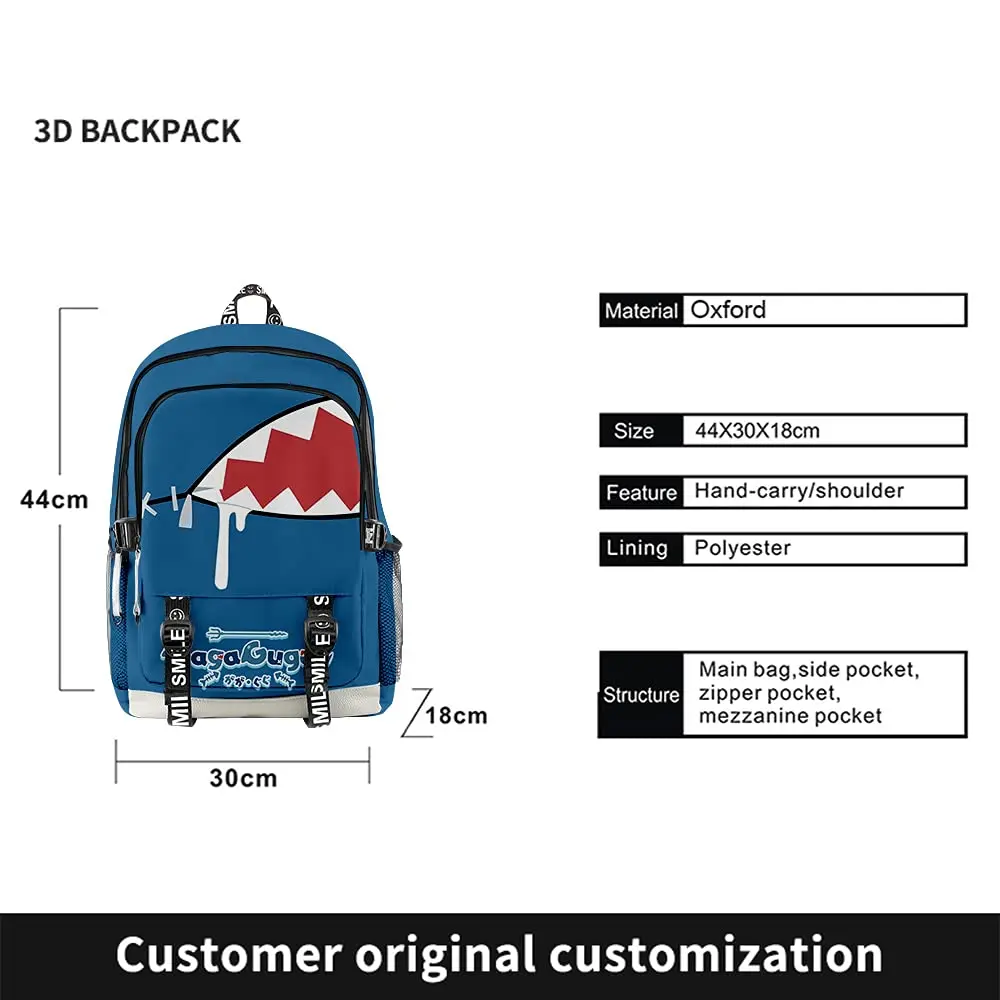 2022 Hololive VTuber Gawr Gura 3D backpack three-piece men and women casual backpack chest bag pencil case