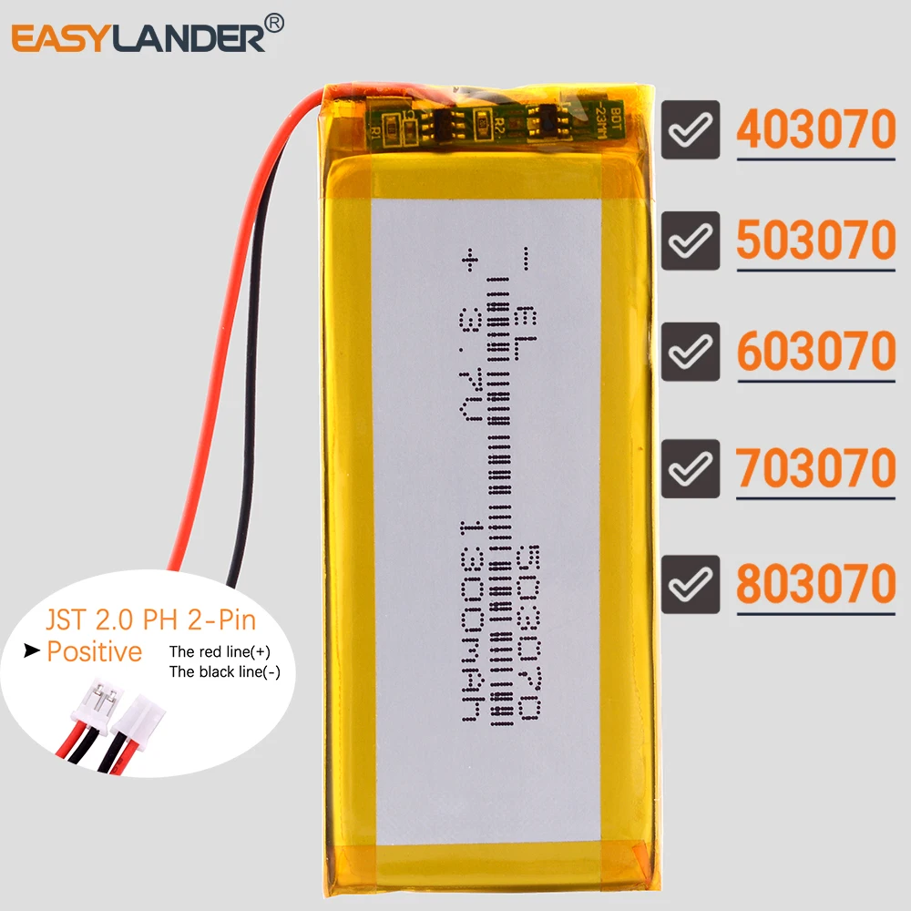 JST2.0 2P 503070 3.7V 1300mAh 리튬 이온 폴리머 배터리 483070 배터리 403070 603070 703070 803070