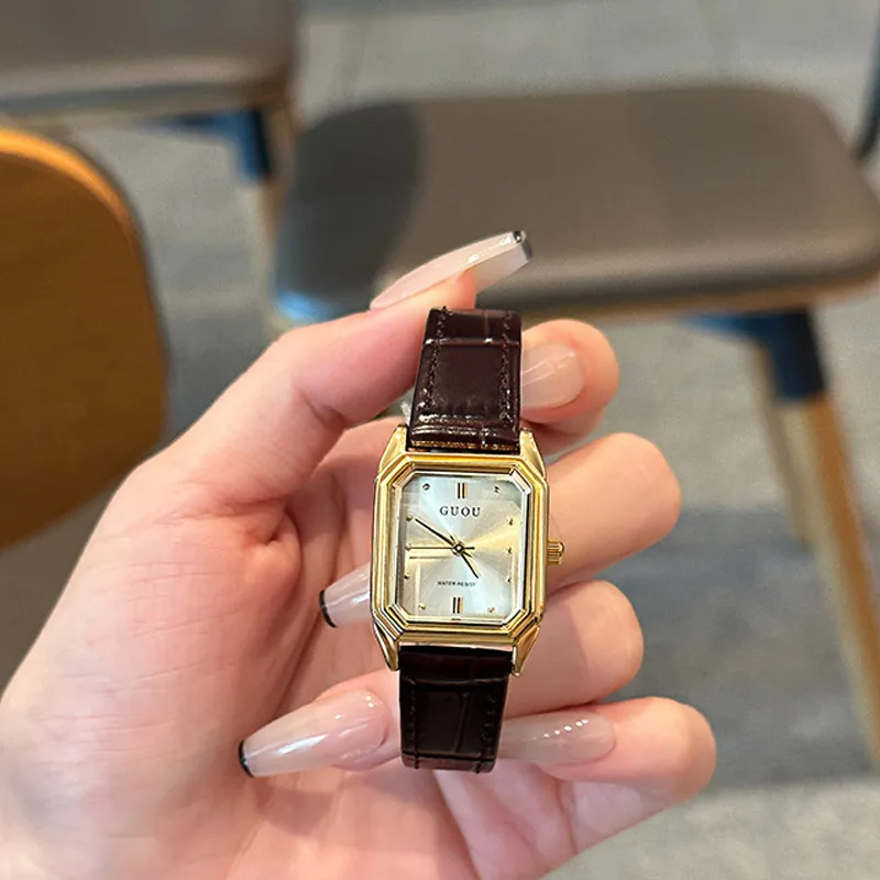 Autumn New Retro Gold Rectangular Dial Brown Leather British Style Watch for Women's Commuting Business Watch Luxury Jewelry