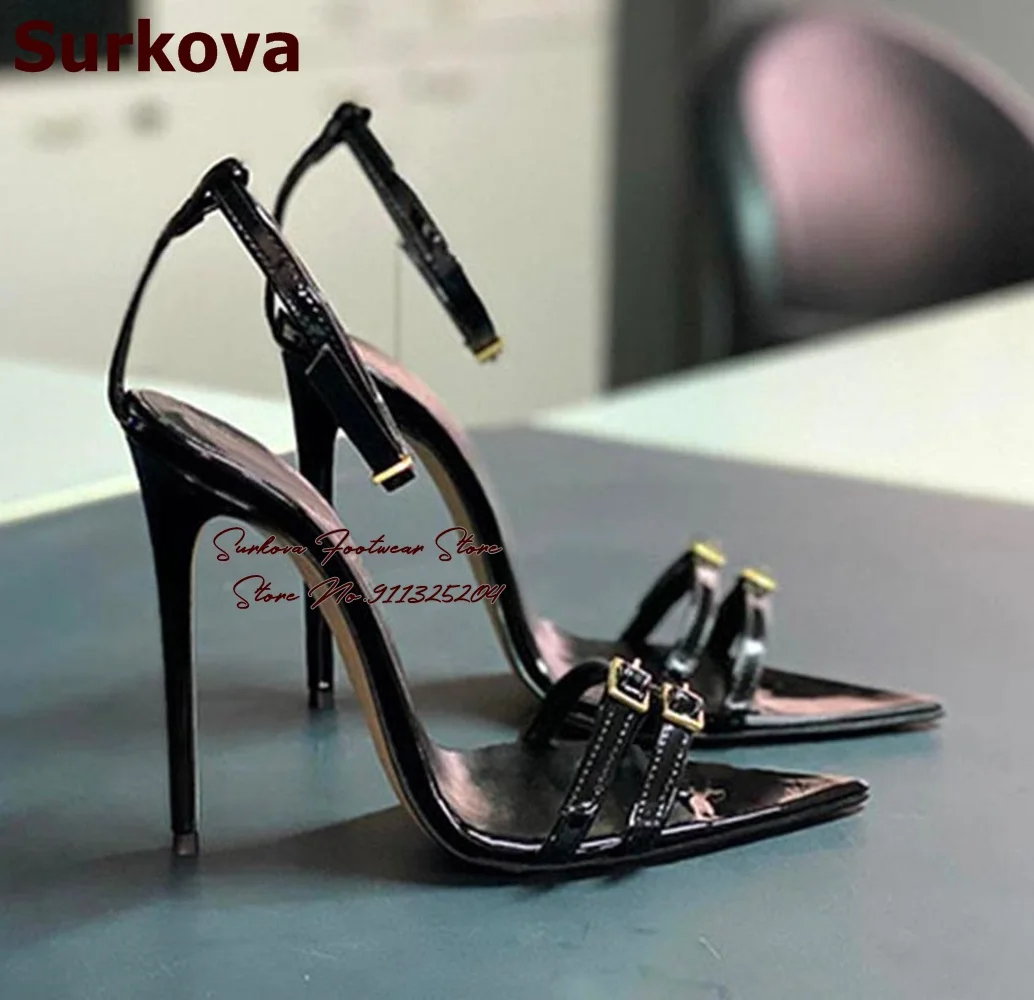 Surkova Black Patent Leather Pointed Toe Sandals Stiletto Heel Double Buckle Strap Dress Pumps Dropship Size46