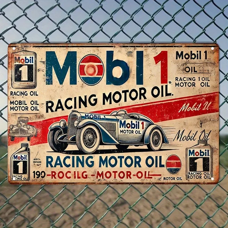 A retro Mobil One racing oil metal tin plaque, classic vintage car iron wall art, country garage decor plaque