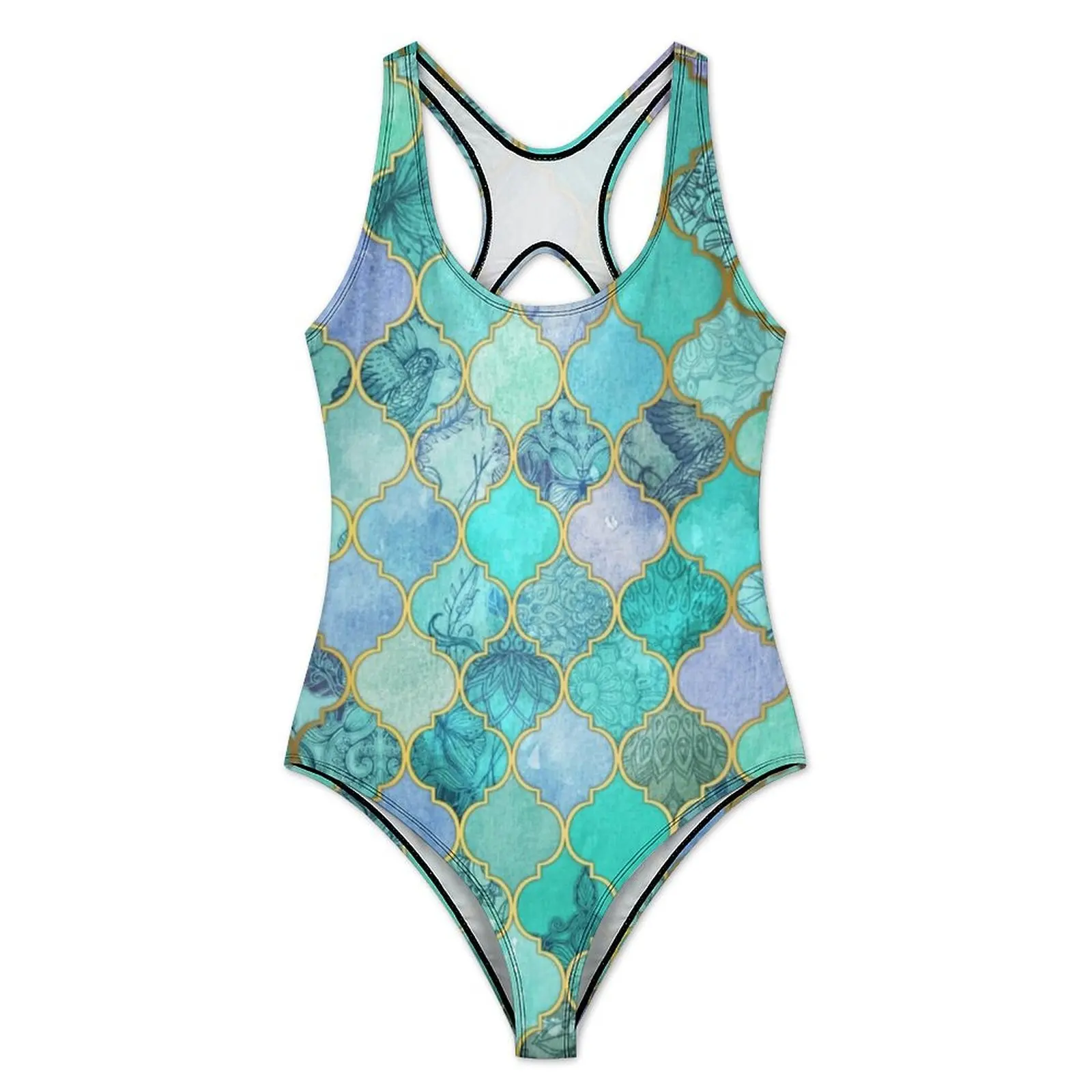 Watercolor Baroque Swimsuit Sexy Metallic Print One Piece Swimwear Push Up Swimsuits Modern Surfing Monokini