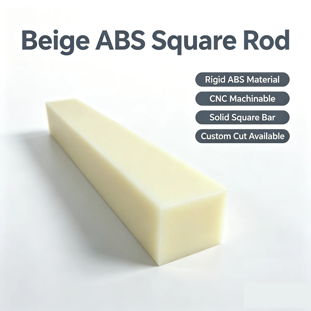 Beige ABS Solid Square Rod Bar, Rigid Engineering Plastic Stick for CNC Machining DIY Mechanical Processing Custom Cut