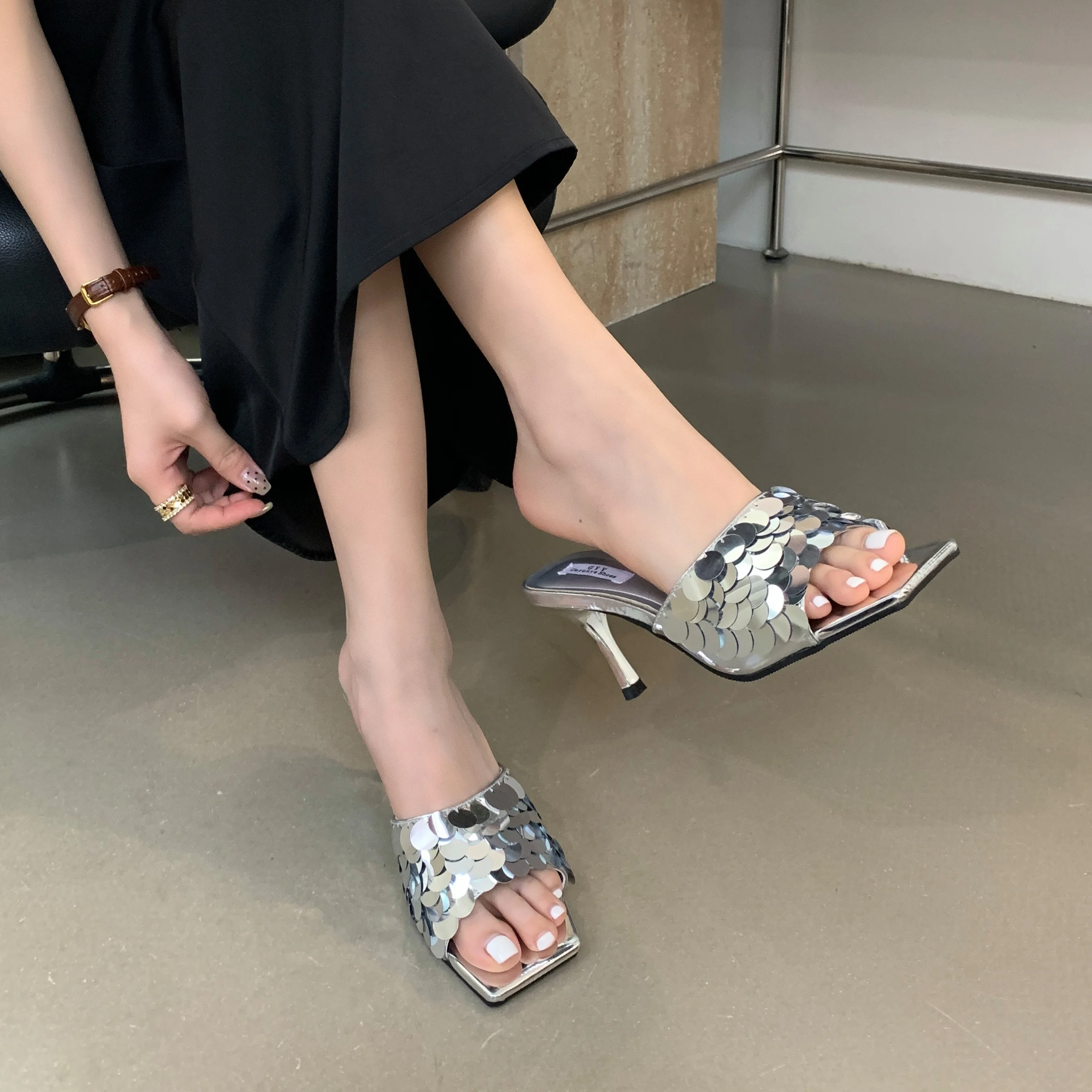 2024 Summer Women's Sandals Fashion Square Toe Luxurious Sequin Open Toe Silver High Heel Slippers Party Wedding Shoes