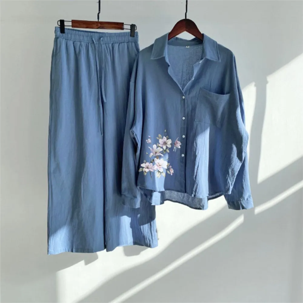 

Fashion Cotton Linen Printed Long-sleeved Shirt Women's Suit Spring Autumn Casual Loose Wide-leg Pants Elegant Female 2piece Set