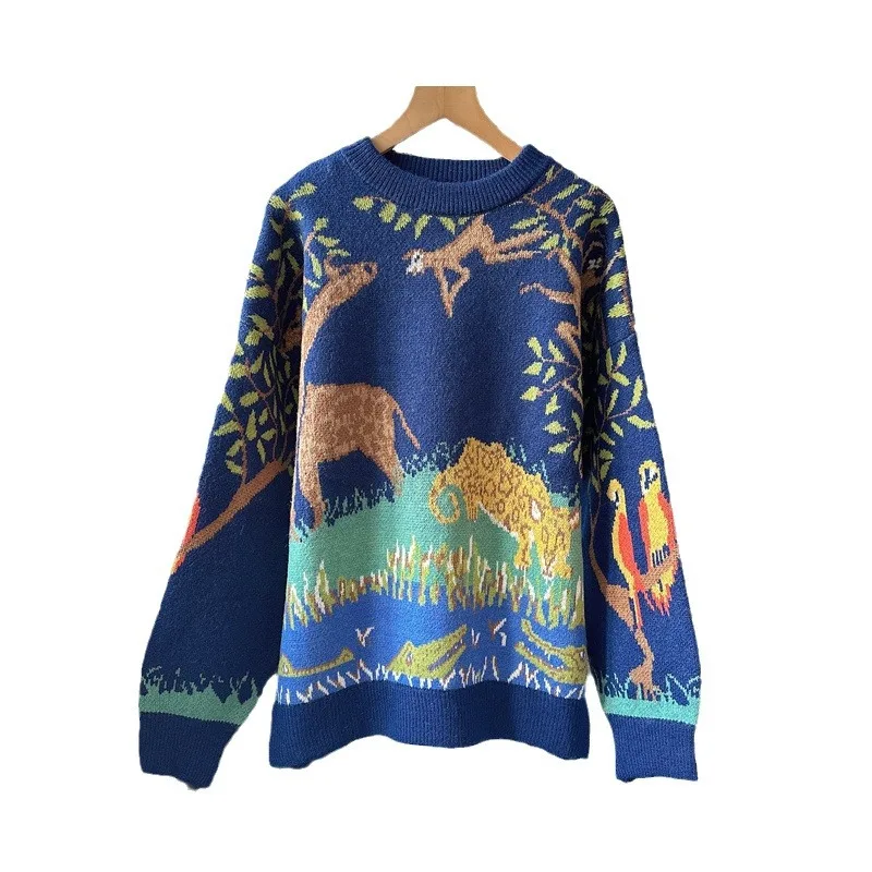 Vintage Women Graphic Oversized Sweater Crew Neck Long Sleeve Boho Printed Loose Fit Casual Knit Pullover Sweaters Top 2024