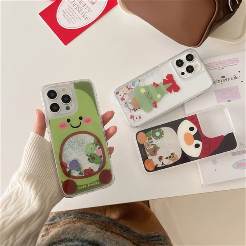 

Cute Xmas Wish Tree Gingerbread Man Fruit Penguin Quicksand Glitte Case For iPhone 16 Pro Max 15 Pro 14 13 Clear Silicone Cover